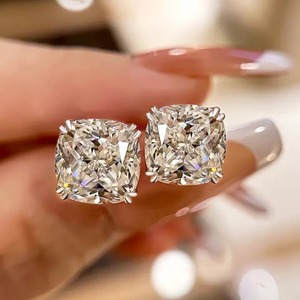 925 Moissanite Glittering Crushed Ice Cushion Cut Stud <b>Earrings</b> For Women in White Yellow & Rose Gold Plated for Wholesale - Product Image 3