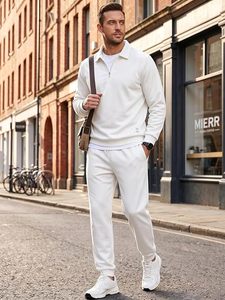 Ensemble de survêtement pour homme, sweat-shirt blanc à demi-zip, couleur unie, coton, vêtements de jogging décontractés, manches longues, pantalon à cordon de serrage, coupe régulière - Product Image 5