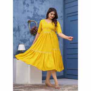 Vestido Maxi Amarillo Mostaza para Mujer, Corte en A, 100% Algodón, Casual, Dulce, Lavable - Product Image 3