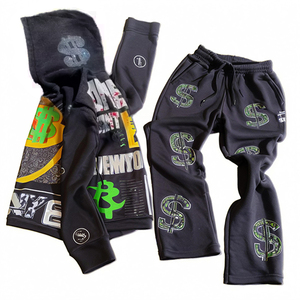 ชุดเซ็ตแทรคสูทสองชิ้นแบบสตรีทแวร์ผ้าฝ้าย 100% ทรงโอเวอร์ไซส์ หนานุ่ม สไตล์ดิสเทรส แอซิดวอช พร้อมปักลายปะติดแบบแอพพลิเคชั่น รับผลิตตามแบบ OEM - Product Image 1