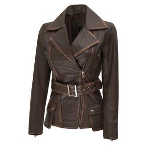 Blouson moto en similicuir marron ceinturé pour femme, coupe ajustée, style streetwear, veste en cuir pour femme 2027 - Product Image 3