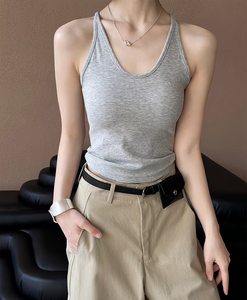 Women's Gray Ribbed Knitted Crew Neck Tank Top Solid Minimalist Breathable Casual Wear Polyester/Cotton Short - Product Image 6