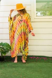 Women's Plus Size Maxi Cover Dress Tie-Dye <b>Kaftan</b> Swimwear <b>Summer</b> Beach Boho Abaya Slit Design V-neck Tassel Viscose Natural - Product Image 6