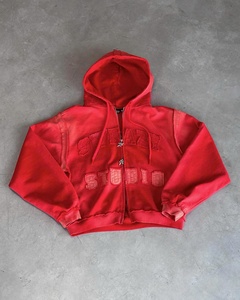 Sudadera con capucha con cremallera, estilo streetwear, de forro polar, corta y de corte holgado, con efecto lavado, bordes y costuras sin rematar, aplique de letras desgastado, más vendida - Product Image 2