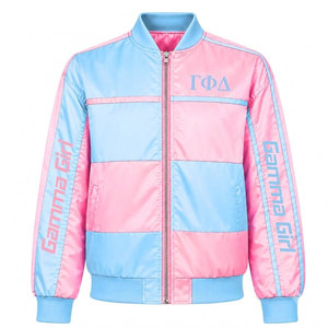 เสื้อแจ็คเก็ตเบสบอลหญิง Gamma Phi Delta Sorority รุ่น Gamma Girl สีน้ำเงินและชมพู แบบมีซิปด้านหน้า พร้อมโลโก้ - Product Image 5