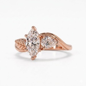 Bague Toi et Moi E Color VS1 3.40CT en Or Massif 14K avec Diamant de Laboratoire Taille Marquise en Forme de Feuille, Bague de Fiançailles Unique à Deux Pierres - Product Image 4