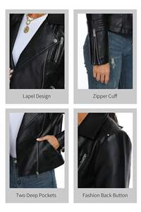 เสื้อแจ็คเก็ตหนังแท้ NAVASH IMPEX สำหรับผู้หญิง แบบเย็บลาย  รักษ์โลก  คอปกติดกระดุม  ปิดด้วยซิป แขนยาว  สีพื้น  แบบสั้น - Product Image 5