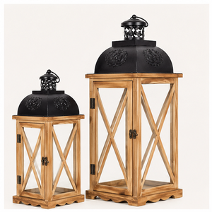 Set of 2 <b>Large</b> Farmhouse Wooden Metal Candle <b>Lanterns</b> Rustic Decorative Floor <b>Lanterns</b> for Indoor Outdoor Home Decor Low Price - Product Image 1