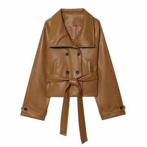 Veste en cuir PU noir pour femme avec ceinture à la taille, col rabattu, coupe ample, longueur courte, style décontracté, veste en cuir pour l'automne - Product Image 2