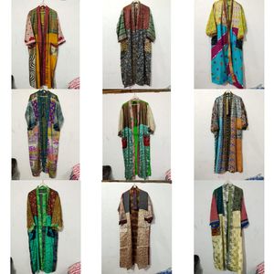 ชุดคลุมกิโมโนไหมอินเดียแท้ 100% สำหรับฤดูหนาว คอวี ปิดด้วยเชือกผูก ยาวเต็มตัว แขนยาว เนื้อผ้านุ่ม สไตล์วินเทจ เหมาะสำหรับงานปาร์ตี้ริมชายหาด - Product Image 1