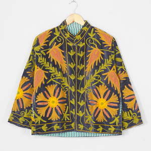 Women Velvet Embroidered <b>Jacket</b> <b>Mandarin</b> <b>Collar</b> Lantern Sleeve Floral Boho Style Autumn Coat Handmade Suzani Pattern - Product Image 2