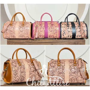Wholesale Travel <b>Overnight</b> Weekender Sports Gym Duffel Carry on <b>Bags</b> Handmade Tooled Floral Leather Large Duffle <b>Bags</b> for Unisex - Product Image 1