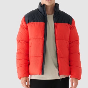 Men's Red Color Blocking Puffer <b>Jacket</b> Stand Collar Zipper Closure Windproof Winter Coat Casual Regular Fit Polyester Wadding - Product Image 1