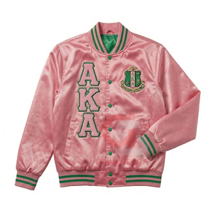 Lightweight Womens pink green AKA Customized Satin GREEK JACKET and womens lady crop Knitted embroidery sorority Bomber Jacket - Product Image 1