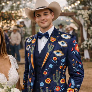 Ensemble de costume blazer bleu marine brodé pour homme – Motifs floraux, cactus et œil porte-bonheur – Tenue de cérémonie de créateur - Product Image 1