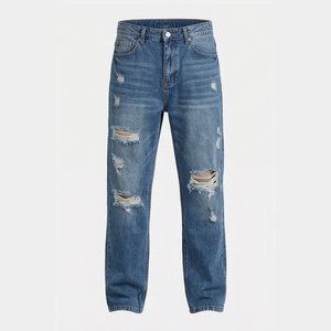 Jean en denim déchiré à jambe droite et taille haute pour homme, coupe classique, en coton, style décontracté, pour l'automne - Product Image 1