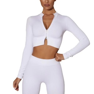 Ensemble de yoga 2 pièces beige sans couture, couleur unie, extensible dans les quatre sens : haut court à manches longues et quart de zip, et leggings taille haute pleine longueur - Product Image 2