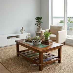 Rustic Solid Wood Durable Eco-Friendly Handmade <b>Coffee</b> <b>Table</b> Storage Glass Top Antique Finish Indoor Outdoor Living Room - Product Image 5