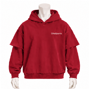 Crimson <b>Red</b> Double Layer <b>Hoodie</b> Oversized Layered Sleeve Pullover Drop Shoulder Heavyweight Casual Streetwear Hooded Sweatshirt - Product Image 1