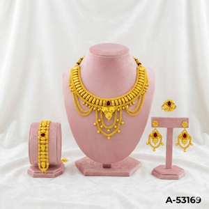 High Quality Bridal Charm Necklace Bracelet Set with Zircon Stones 24K Gold Plated 18inches Length Matching Accessories A-53173 - Product Image 5