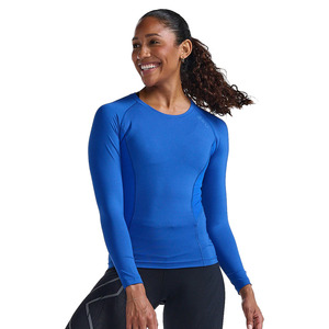 Women <b>Long</b> <b>Sleeve</b> Crew Neck Yoga <b>Top</b> Solid <b>Blue</b> Breathable Compression Shirt Skinny Fit Athletic Workout Wear Waterproof Front - Product Image 2