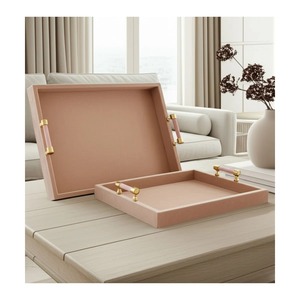 ถาดเสิร์ฟสีชมพูทรงสี่เหลี่ยมพร้อมฝาปิด หูจับสีทอง ดีไซน์หรูหราทันสมัย จานและถาดสีพื้น - Product Image 5