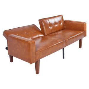 Sofá Futón Moderno de Estilo Mediados de Siglo, en Cuero PU, Ajustable y Reclinable, con Respaldo Acolchado y Patas de Madera y Metal, Sofá Cama - Product Image 5