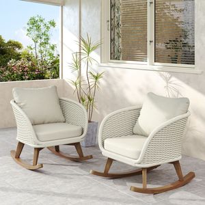 Set di 2 sedie a dondolo contemporanee minimaliste in vimini beige da 29,5 pollici con struttura in legno resistente e morbidi cuscini in poliestere - Product Image 2