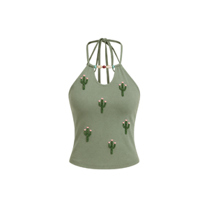 Camiseta sin mangas verde oliva para mujer con cuello halter, bordado floral y cuentas en la parte delantera, estilo casual, tela de algodón transpirable. - Product Image 4