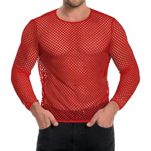 Camisetas de malla de tejido abierto rojo carmesí, de alta elasticidad, transparentes, de mezcla de poliéster, cuello redondo, para baile, ajuste ceñido, tops de fiesta - Product Image 3