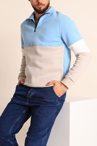Sweat-shirt pour homme à col montant zippé, coupe droite, tricoté, color block, décontracté, pour l'automne, bleu clair et beige, manches longues - Product Image 3