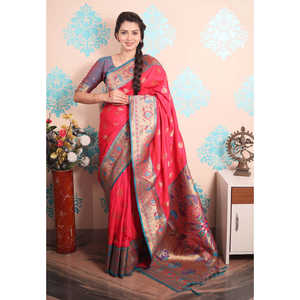 Sari en soie Paithani tissé avec des fils de zari roses, vêtements indiens et pakistanais - Product Image 5