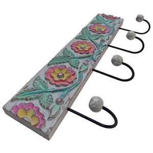 Smart Art Wood Carving <b>Key</b> Rack Organizer White Washed Handmade <b>Wall</b> Mounted <b>Key</b> Hanger Clothing Storage 4 <b>Hook</b> Engineered Wood - Product Image 3