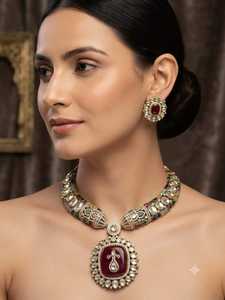 R.K. Juego de Collar HASLI Chapado en Oro con Perlas y Circonitas, Estilo Étnico Indio, para Novias, con Aretes a Juego, para Bodas y Fiestas - Product Image 2