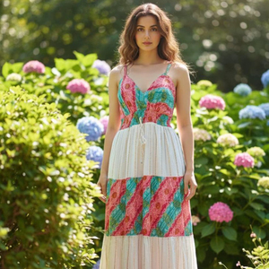 เดรสยาวพิมพ์ลายดอกไม้สไตล์เรโทรคุณภาพดีขายส่ง คอวี ไซส์ใหญ่ ชุดลำลอง ชุดราตรี สไตล์โบฮีเมียน สำหรับผู้หญิง - Product Image 1