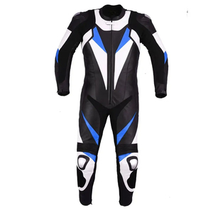 Combinaison de course moto respirante en polyester noir, blanc et bleu pour homme, résistante aux abrasions, avec fermeture éclair intégrale et protection frontale - Product Image 1