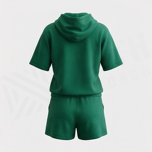 Conjunto Casual de 2 Piezas para Mujer, con Capucha, Manga Corta, Color Verde Sólido, Tejido de Punto, Shorts por Encima de la Rodilla y Top, para Primavera/Verano - Product Image 2