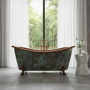 Hammered Clawfoot Copper Double Slipper Tub with Blue Green Patina Exterior - Product Image 3