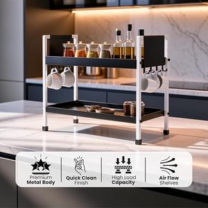 Estante de Almacenamiento Metálico de Dos Niveles con Ganchos para Tazas y Frascos de Especias para la Organización de la Encimera de la Cocina, Diseño Minimalista, Tipo Vertical - Product Image 2