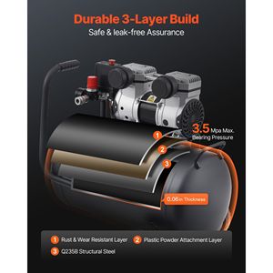 Compressore d'Aria Industriale Silenzioso 1HP 2.2 CFM@90 PSI con Serbatoio in Acciaio da 8 Galloni Senza Olio Pressione Massima 120PSI 80dB - Product Image 5