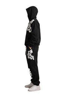 Unisex Black Cotton Tracksuit Set Hooded Sweatshirt and <b>Jogger</b> Pants with <b>White</b> Letter Print Streetwear Style Full Length Loose - Product Image 3