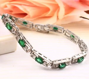 Natural Emerald Moissanite Charm <b>Bracelet</b> in Sterling Silver White Gold Plated Luxury Wedding Green <b>Gemstone</b> Jewelry for Women - Product Image 3