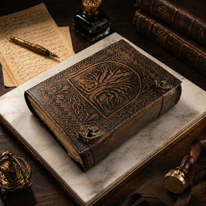 Handmade Vintage Leather Paper Sewing Bound Hardcover Journal Sketchbook Calligraphy Deckle Edge Celtic Tree Life Grimoire Gift - Product Image 1