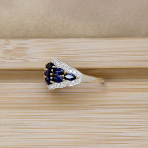 Bague en or jaune 14 carats avec saphir bleu naturel et grappe de diamants pour femme |   Bijoux fins de coupe marquise, vente en gros, OEM, ODM - Product Image 2