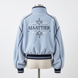 <b>Womens</b> Light Blue Fleece Bomber <b>Jacket</b> with Navy Piping Striped Ribbed Cuffs Snap Button Closure Custom Wholesale - Product Image 4