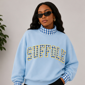 Sweat-shirt oversize pour femme, style universitaire, avec patchwork à carreaux et motif lettres, col rond, style preppy, en molleton à col montant à carreaux. - Product Image 3