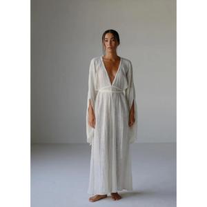 Elegante Vestido Largo Kaftan de Algodón Blanco con Cintura Alta para Mujer, Cuello en V Profundo, para Yoga, Playa, Resort, Estilo Boho, Vestido de Noche - Product Image 3