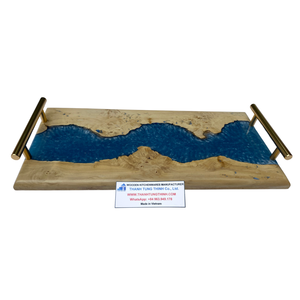 Handmade Wooden Serving Tray With Resin Ocean Wave Design Rectangle Modern Style For Living Room Tableware <b>Storage</b> Holder - Product Image 4