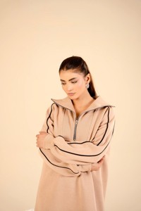 Oversized Half <b>Zip</b> <b>Hooded</b> Pocket Fleece Sweatshirt Dress Beige Black Long Length Casual Regular Sleeve Unisex Autumn Wear - Product Image 3