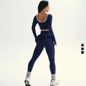 Women's Pink 2 Piece Yoga Set Crisscross Straps High Waist Full Length <b>Leggings</b> Seamless <b>Crop</b> Top - Product Image 2